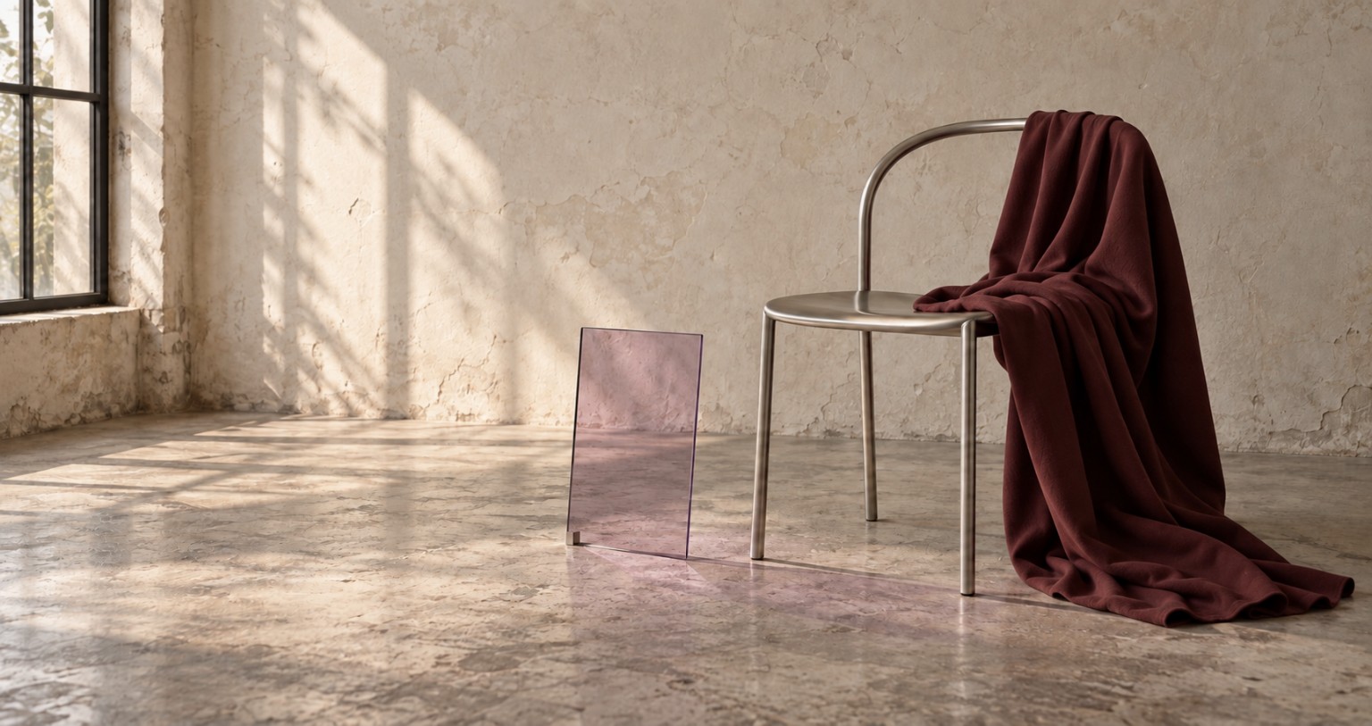 plain. house editorial — a metal chair draped in burgundy fabric beside a violet glass pane in a sunlit studio